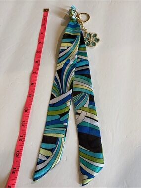 Blue & Green Silk Scarf Keychain with Crystal Flower Charm
